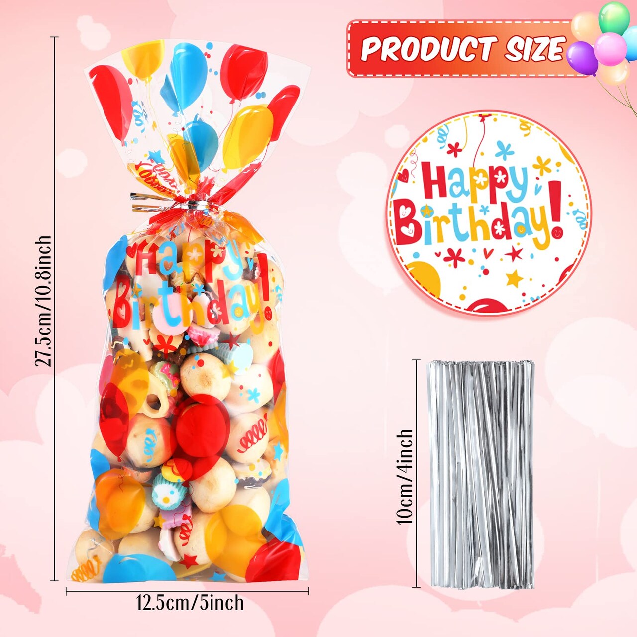 100 PCS Birthday Party Treat Bags Bright Balloon Print Clear Plastic Cellophane Candy Goodie Gift Bags with 100 Pieces Silver Twist Ties for Birthday Party Decorations